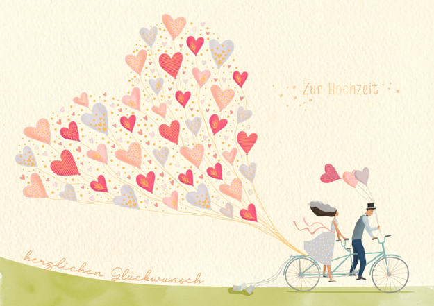Bild von Hochzeitskarte -  Paar auf Velo mit Herzballon